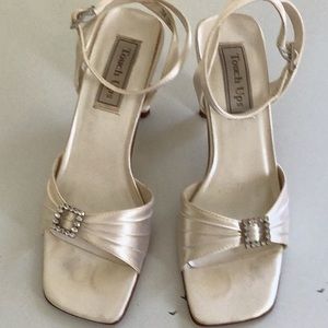 Cream Satin Sling Heels with Rhinestones